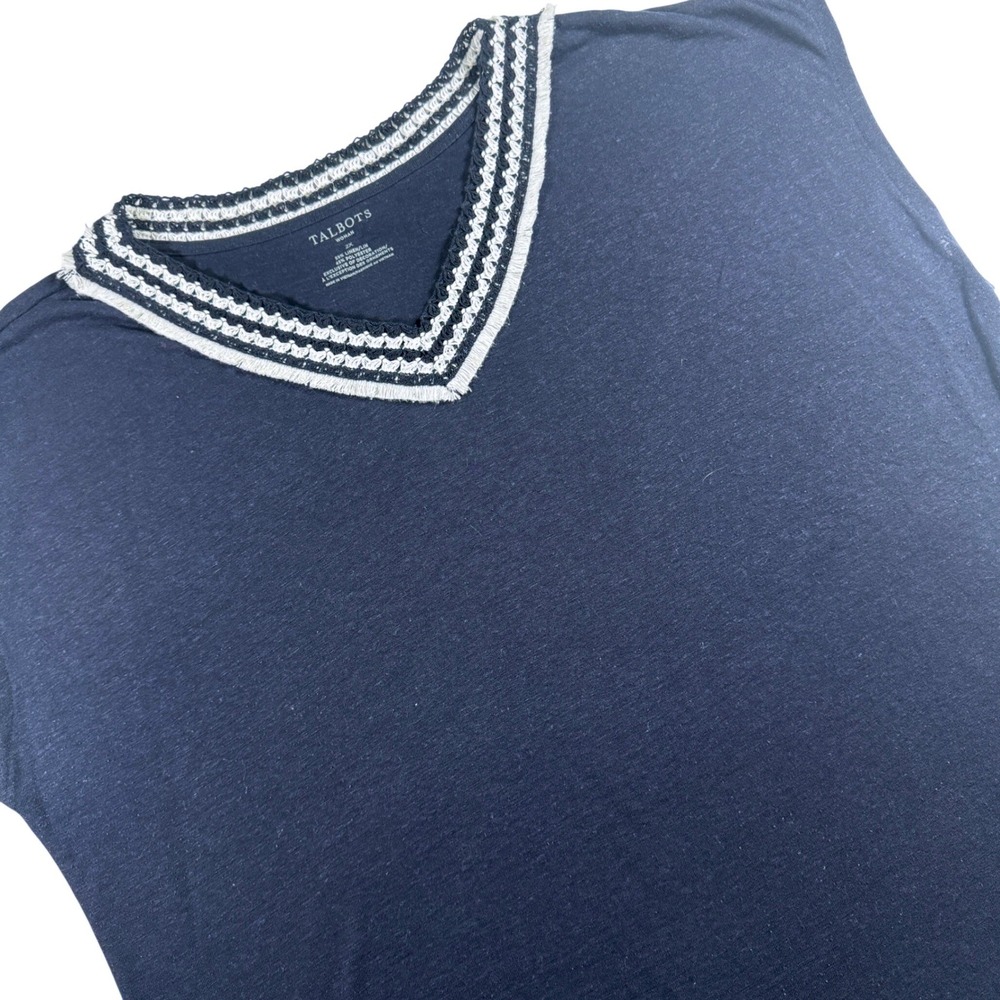 Talbots Crochet Trim V-Neck Top Women 2X Navy Blue Linen Blend Sleeveless